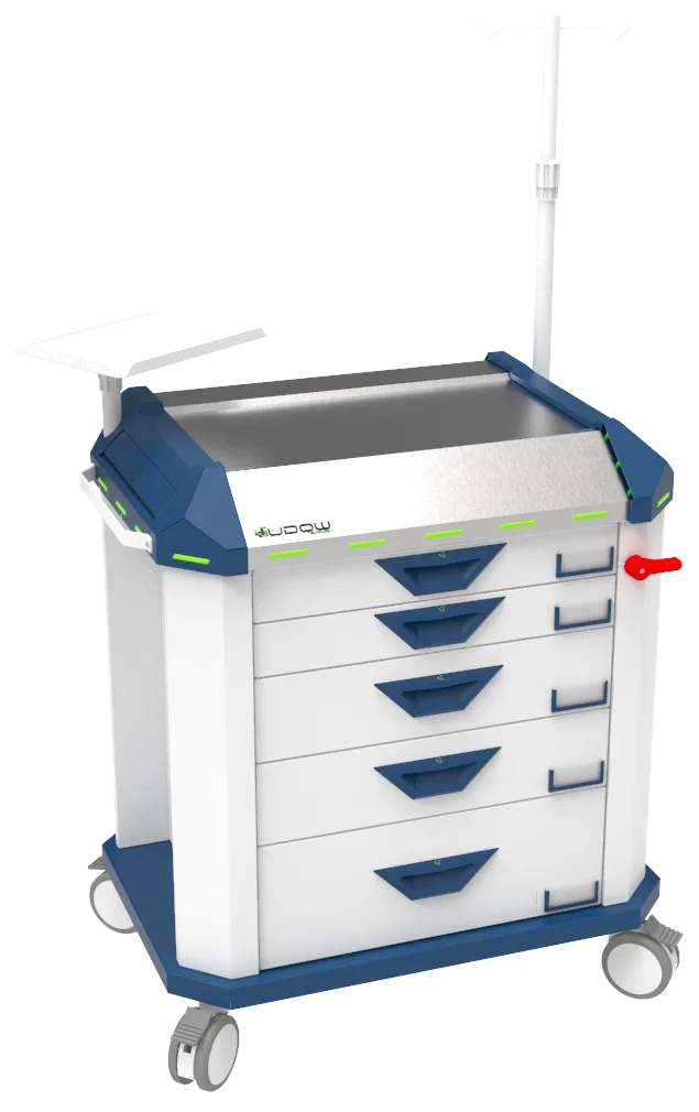 Carrinho de emergência BCT Basic Cart 001 da Udow Tecnologia, acabamento azul