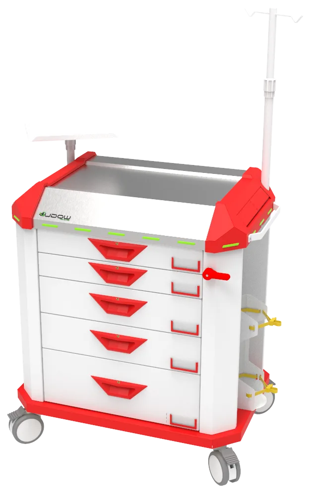 Carrinho de emergência BCT Basic Cart 001 da Udow Tecnologia, acabamento vermelho