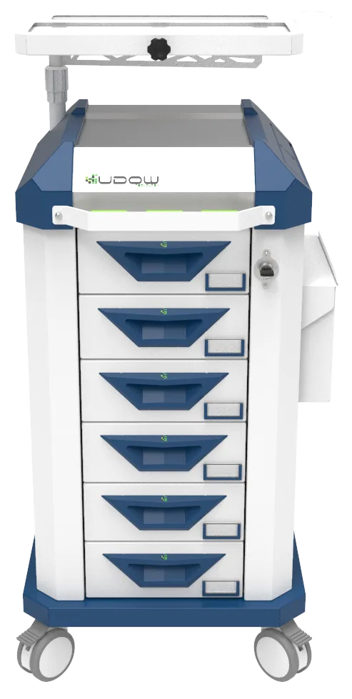 Carrinho beira-leito BDP Basic Dispenser 001 da Udow Tecnologia, acabamento azul