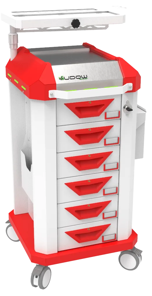 Carrinho beira-leito BDP Basic Dispenser 001 da Udow Tecnologia, acabamento vermelho