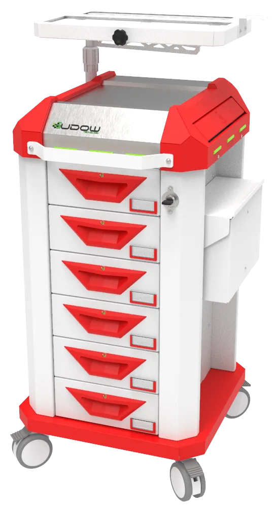 Carrinho beira-leito BDP Basic Dispenser 001 da Udow Tecnologia, acabamento vermelho