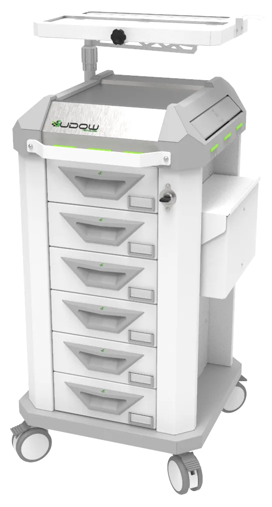 Carrinho beira-leito BDP Basic Dispenser 002 da Udow Tecnologia, acabamento cinza