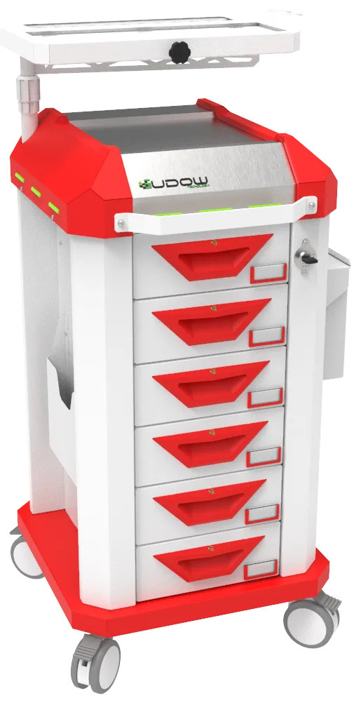 Carrinho beira-leito BDP Basic Dispenser 002 da Udow Tecnologia, acabamento vermelho